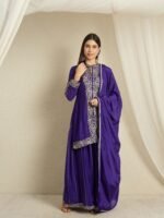 Purple Embroidered Kurta Palazzo | Collar Neck | Above Knee
