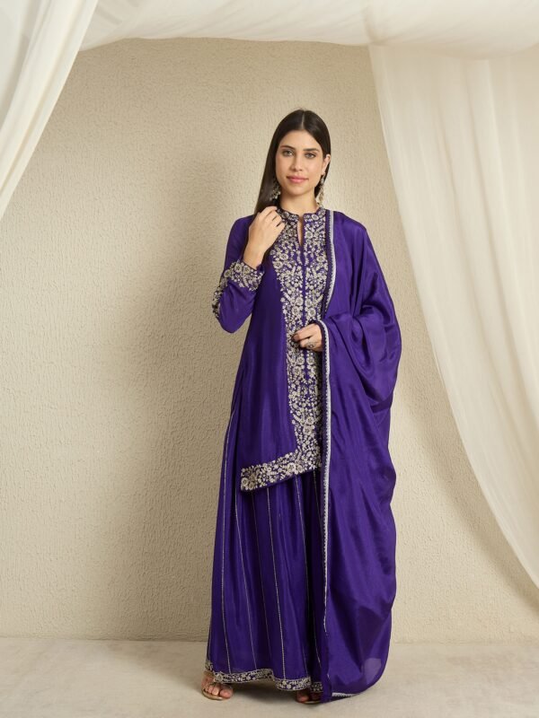 Purple Embroidered Kurta Palazzo | Collar Neck | Above Knee