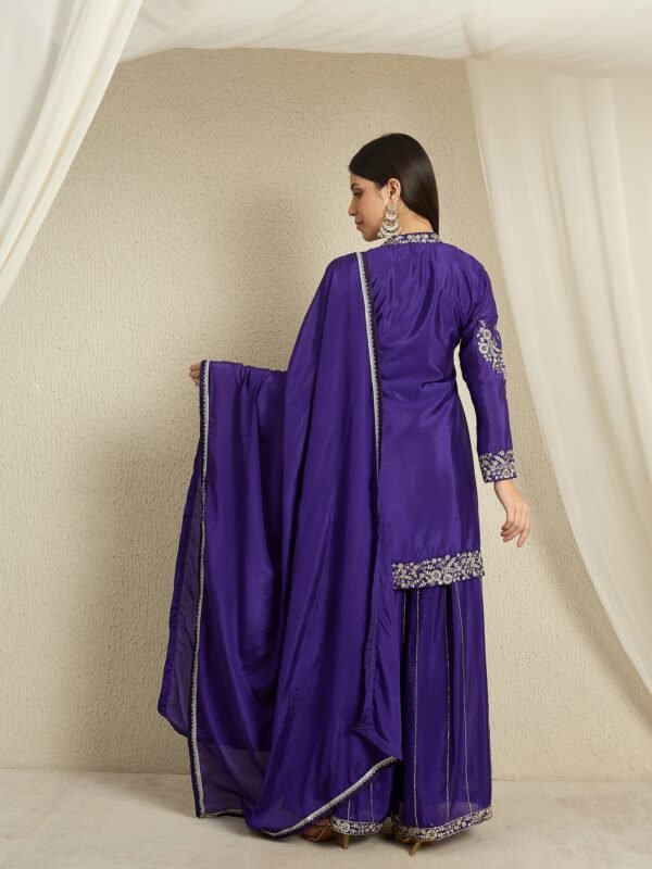 Purple Embroidered Kurta Palazzo | Collar Neck | Above Knee