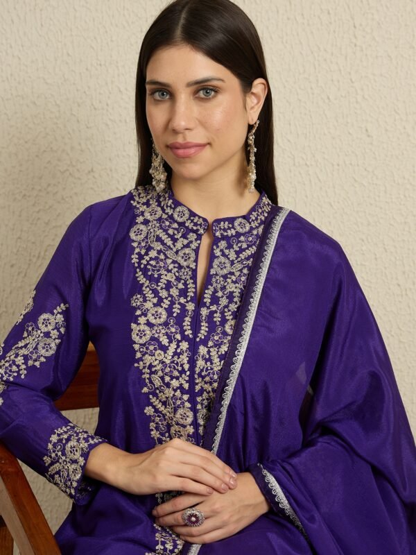 Purple Embroidered Kurta Palazzo | Collar Neck | Above Knee