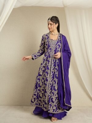 Opulent Purple Embroidered Chinon Crop Top, Palazzo & Long Jacket Set with Dupatta