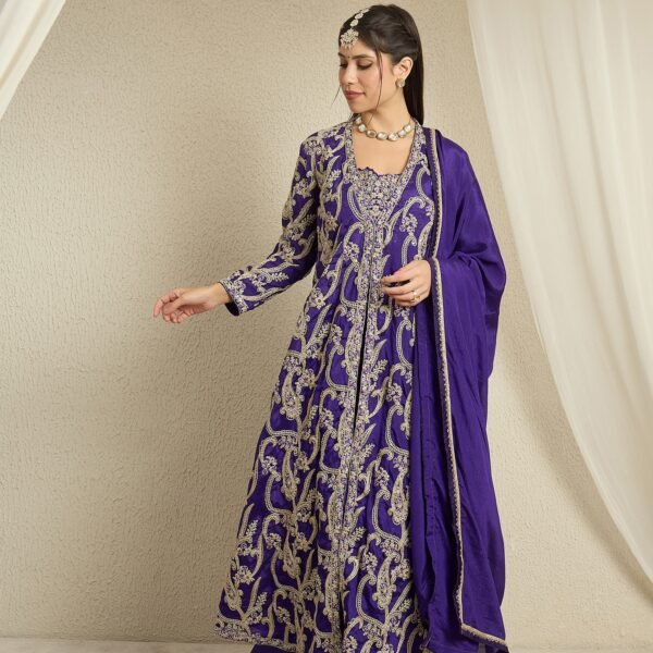 Opulent Purple Embroidered Chinon Crop Top, Palazzo & Long Jacket Set with Dupatta