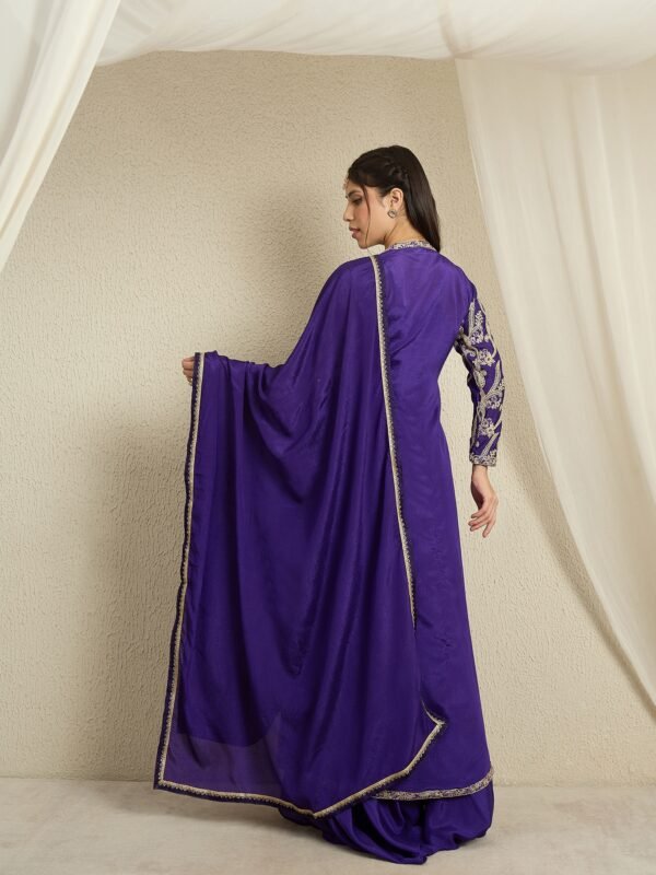 Opulent Purple Embroidered Chinon Crop Top, Palazzo & Long Jacket Set with Dupatta