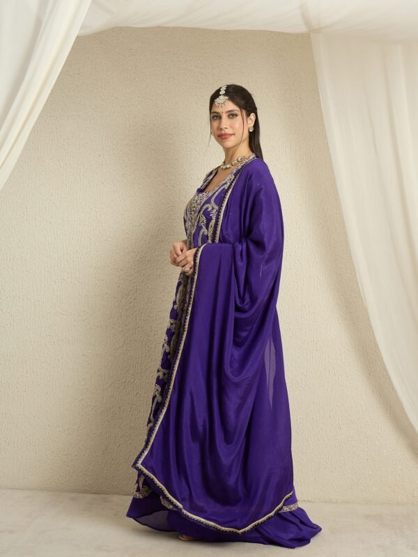 Opulent Purple Embroidered Chinon Crop Top, Palazzo & Long Jacket Set with Dupatta
