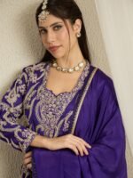 Opulent Purple Embroidered Chinon Crop Top, Palazzo & Long Jacket Set with Dupatta