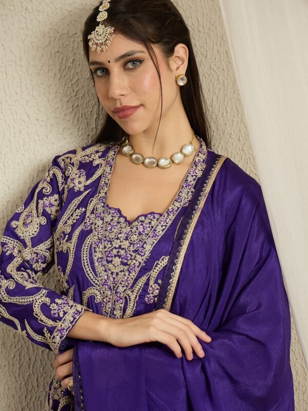 Opulent Purple Embroidered Chinon Crop Top, Palazzo & Long Jacket Set with Dupatta