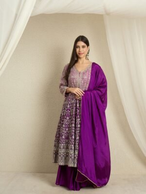 Glorious Purple Embroidered Chinon A-Line Kurta Lehenga Set with Dupatta