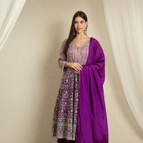Glorious Purple Embroidered Chinon A-Line Kurta Lehenga Set with Dupatta
