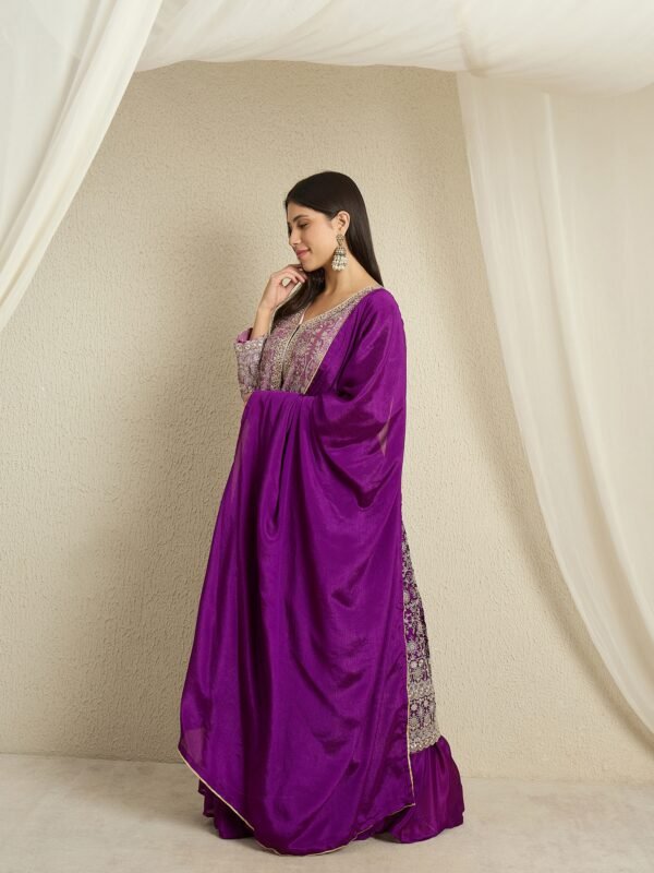 Glorious Purple Embroidered Chinon A-Line Kurta Lehenga Set with Dupatta