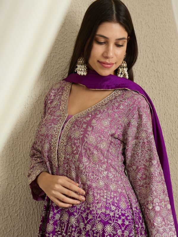 Glorious Purple Embroidered Chinon A-Line Kurta Lehenga Set with Dupatta