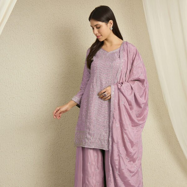 Shimmering Light Pink Embroidered Chinon Short Kurta Palazzo Set with Dupatta