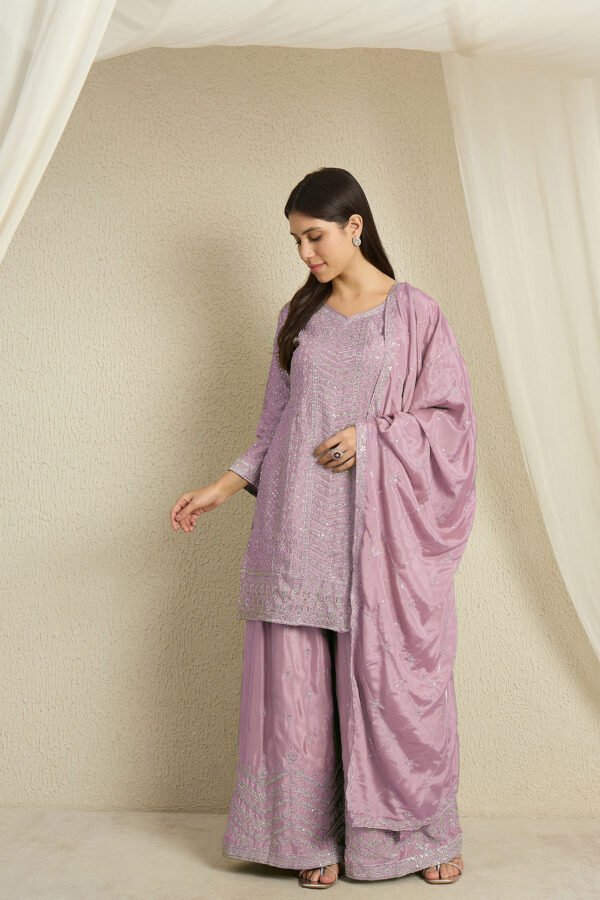 Shimmering Light Pink Embroidered Chinon Short Kurta Palazzo Set with Dupatta