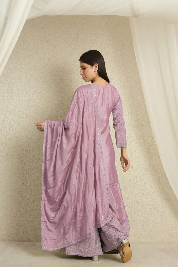 Shimmering Light Pink Embroidered Chinon Short Kurta Palazzo Set with Dupatta