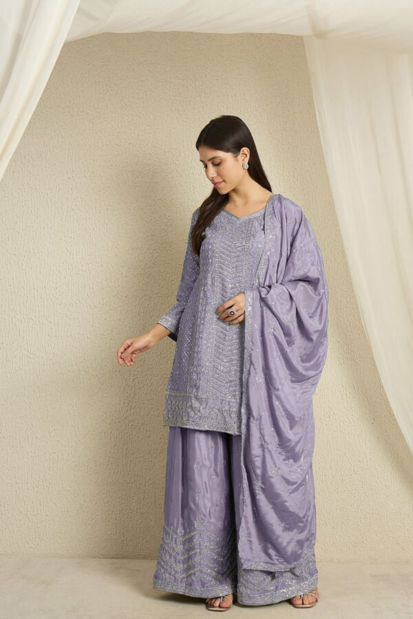 Shimmering Light Pink Embroidered Chinon Short Kurta Palazzo Set with Dupatta