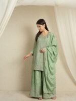 Shimmering Light Pink Embroidered Chinon Short Kurta Palazzo Set with Dupatta