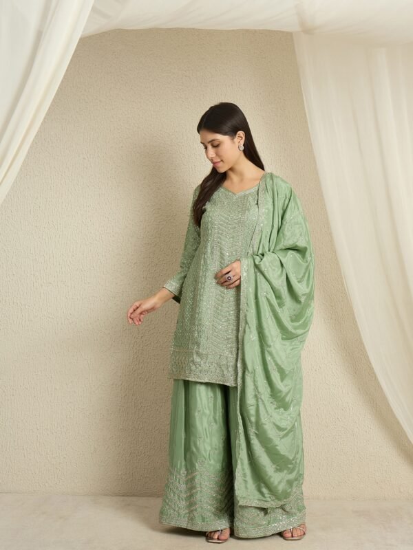 Shimmering Light Pink Embroidered Chinon Short Kurta Palazzo Set with Dupatta