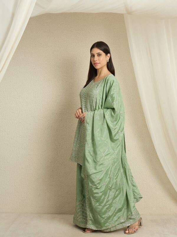 Shimmering Light Pink Embroidered Chinon Short Kurta Palazzo Set with Dupatta