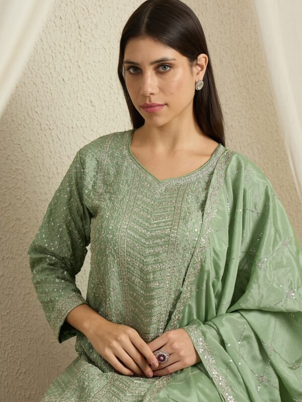 Shimmering Light Pink Embroidered Chinon Short Kurta Palazzo Set with Dupatta