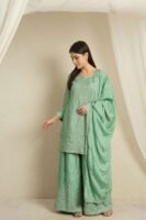 Shimmering Light Pink Embroidered Chinon Short Kurta Palazzo Set with Dupatta