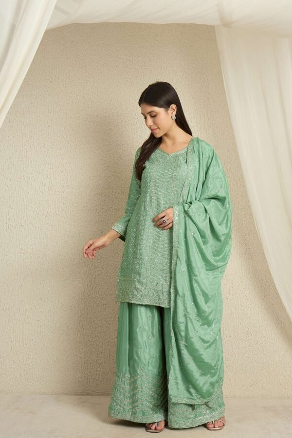 Shimmering Light Pink Embroidered Chinon Short Kurta Palazzo Set with Dupatta