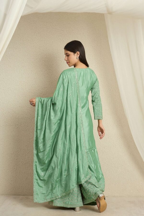 Shimmering Light Pink Embroidered Chinon Short Kurta Palazzo Set with Dupatta