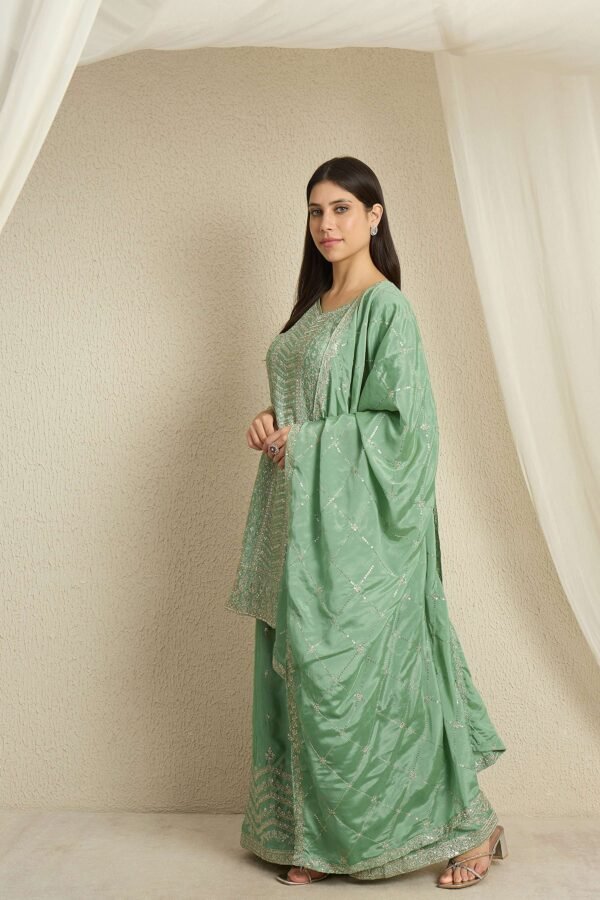 Shimmering Light Pink Embroidered Chinon Short Kurta Palazzo Set with Dupatta