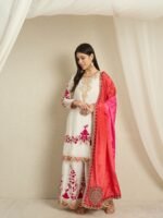 Pristine Off White Embroidered Chinon Straight Kurta Palazzo Set with Dupatta