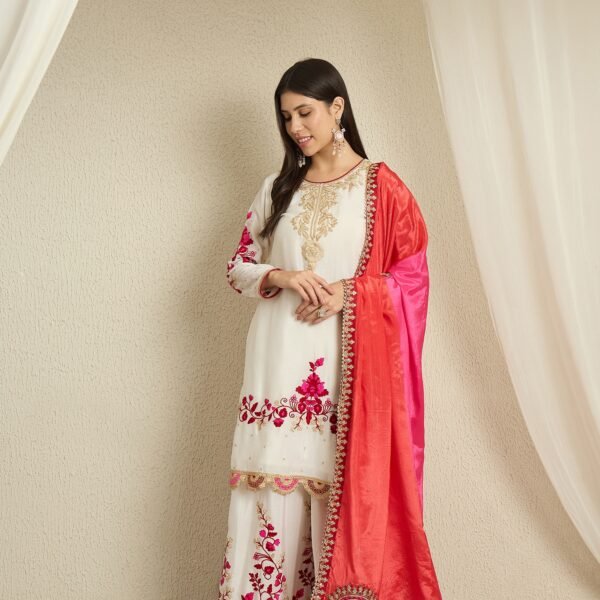 Pristine Off White Embroidered Chinon Straight Kurta Palazzo Set with Dupatta