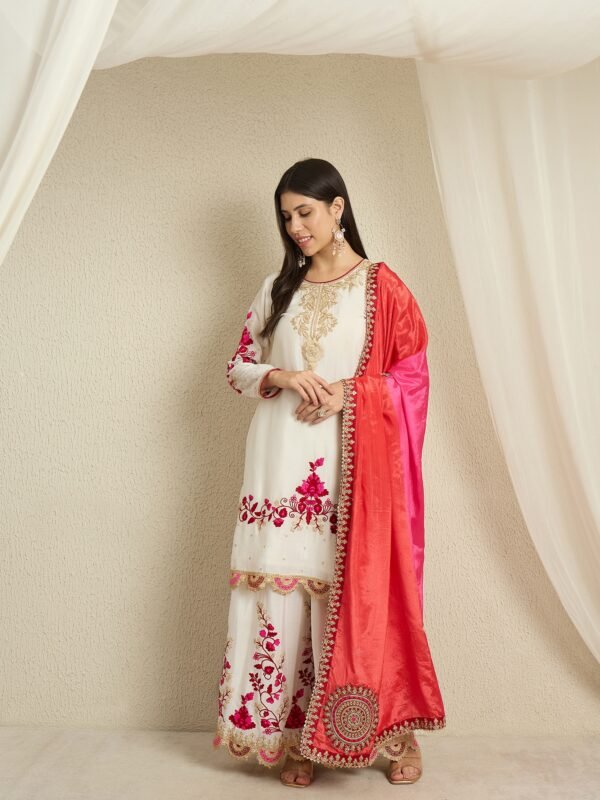 Pristine Off White Embroidered Chinon Straight Kurta Palazzo Set with Dupatta