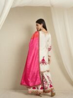 Pristine Off White Embroidered Chinon Straight Kurta Palazzo Set with Dupatta