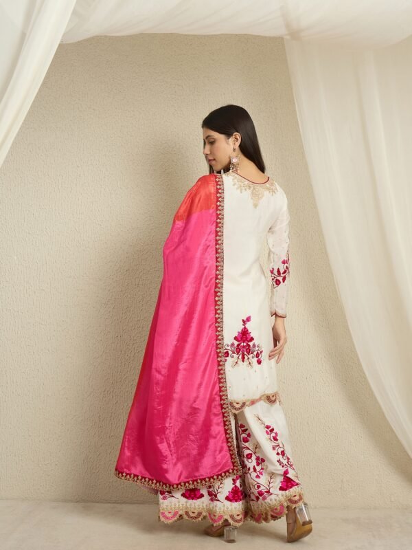 Pristine Off White Embroidered Chinon Straight Kurta Palazzo Set with Dupatta