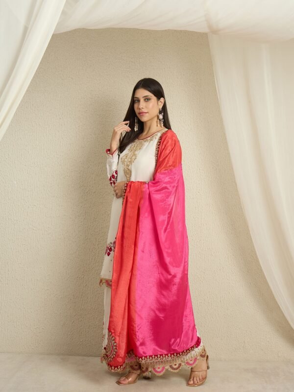 Pristine Off White Embroidered Chinon Straight Kurta Palazzo Set with Dupatta