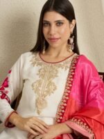 Pristine Off White Embroidered Chinon Straight Kurta Palazzo Set with Dupatta