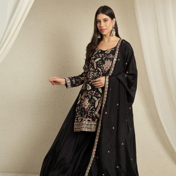 Black Chinon Embroidered Kurta Palazzo Set with Dupatta