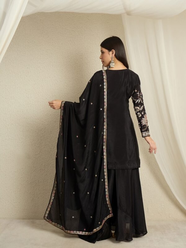 Black Chinon Embroidered Kurta Palazzo Set with Dupatta