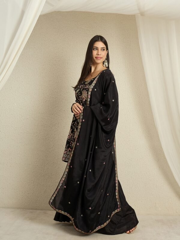 Black Chinon Embroidered Kurta Palazzo Set with Dupatta