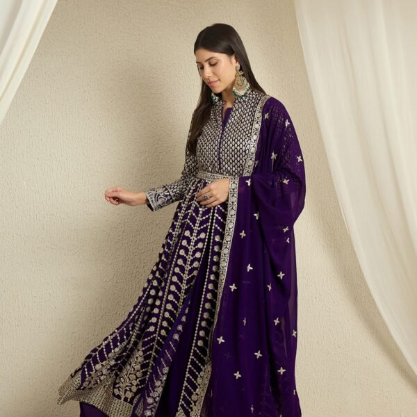 Regal Purple Faux Georgette Embroidered Anarkali Lehenga Set