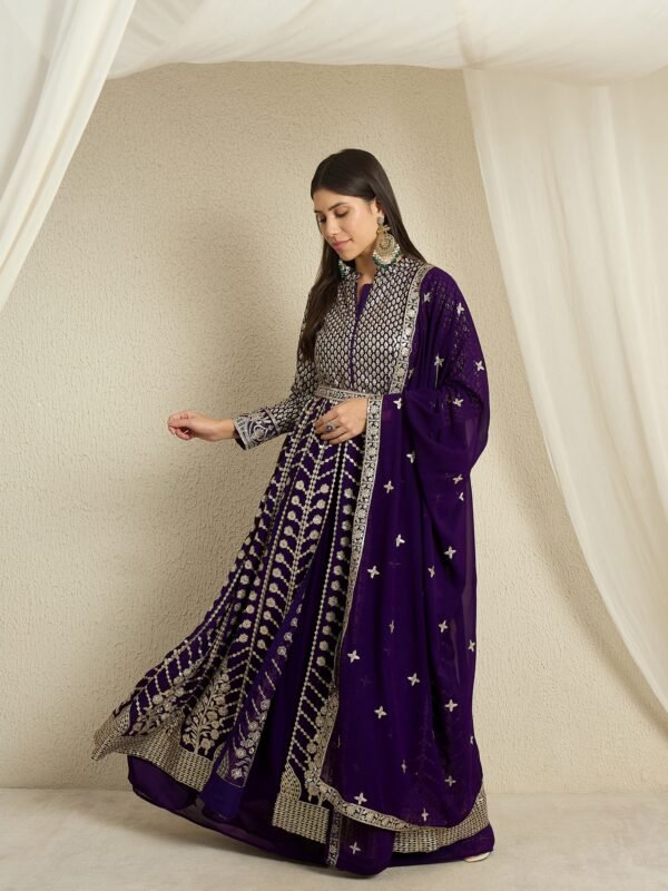 Regal Purple Faux Georgette Embroidered Anarkali Lehenga Set