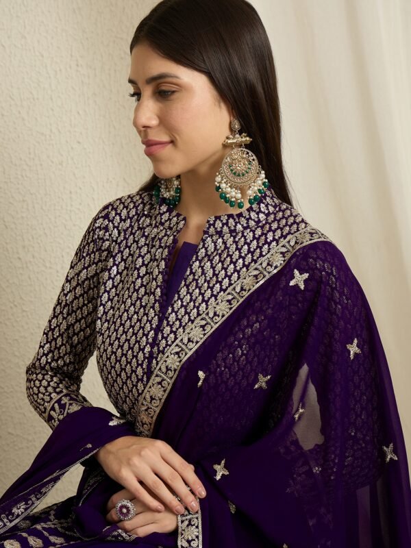 Regal Purple Faux Georgette Embroidered Anarkali Lehenga Set