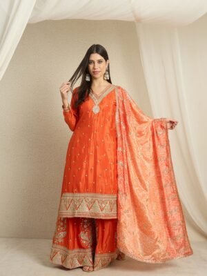 Dazzling Orange Embroidered Chinon Straight Kurta Palazzo Set with Bandhani Dupatta