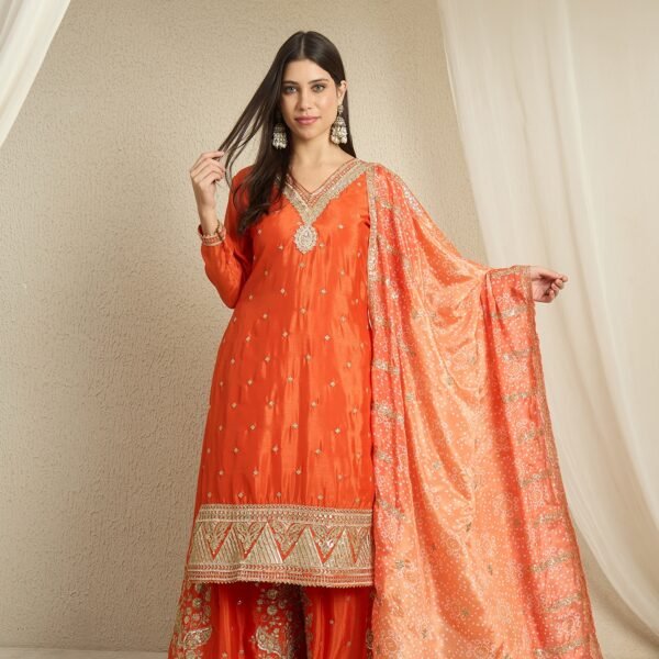 Dazzling Orange Embroidered Chinon Straight Kurta Palazzo Set with Bandhani Dupatta