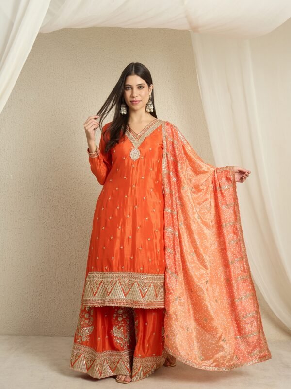 Dazzling Orange Embroidered Chinon Straight Kurta Palazzo Set with Bandhani Dupatta