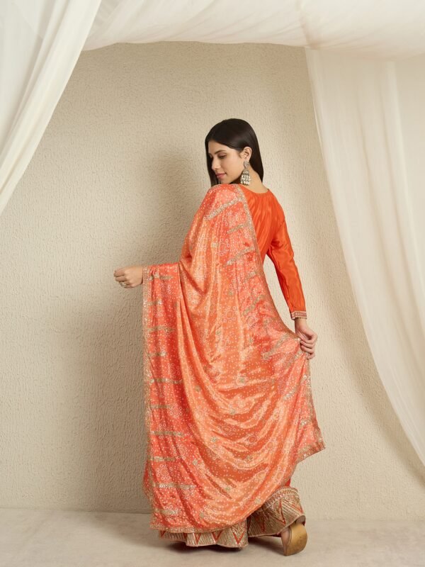 Dazzling Orange Embroidered Chinon Straight Kurta Palazzo Set with Bandhani Dupatta