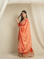 Dazzling Orange Embroidered Chinon Straight Kurta Palazzo Set with Bandhani Dupatta