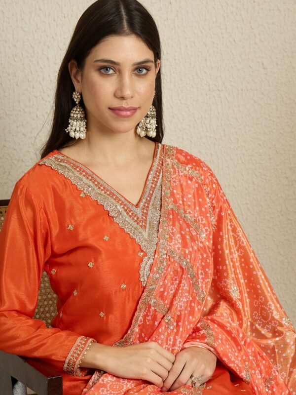 Dazzling Orange Embroidered Chinon Straight Kurta Palazzo Set with Bandhani Dupatta
