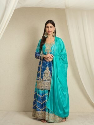 Ombre Teal & Blue Chinon Embroidered Kurta Palazzo Set