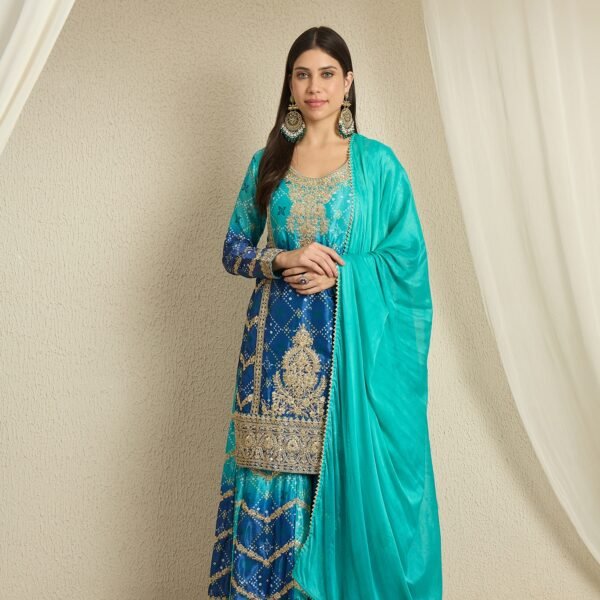 Ombre Teal & Blue Chinon Embroidered Kurta Palazzo Set