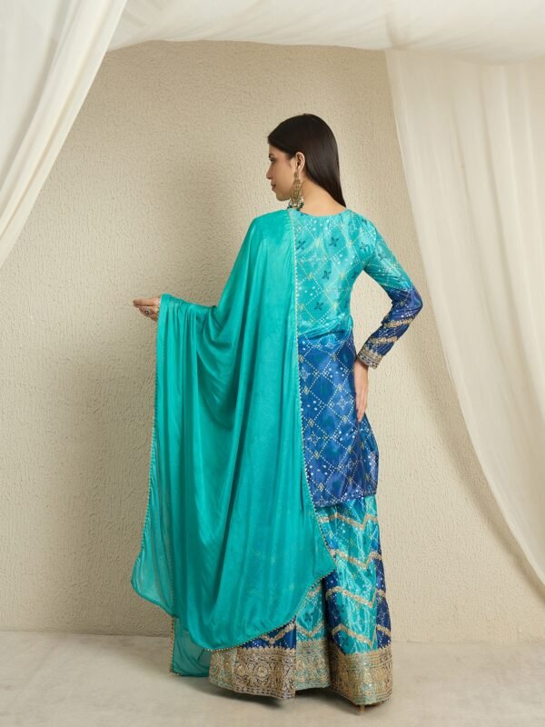 Ombre Teal & Blue Chinon Embroidered Kurta Palazzo Set