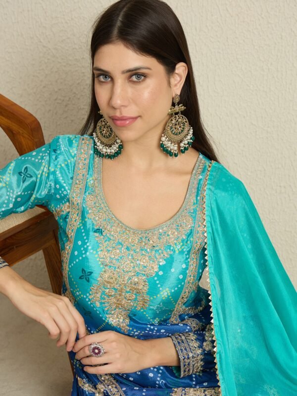 Ombre Teal & Blue Chinon Embroidered Kurta Palazzo Set