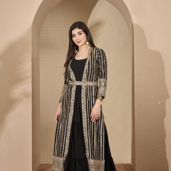 Enigmatic Black Embroidered Faux Georgette Gown with Jacket
